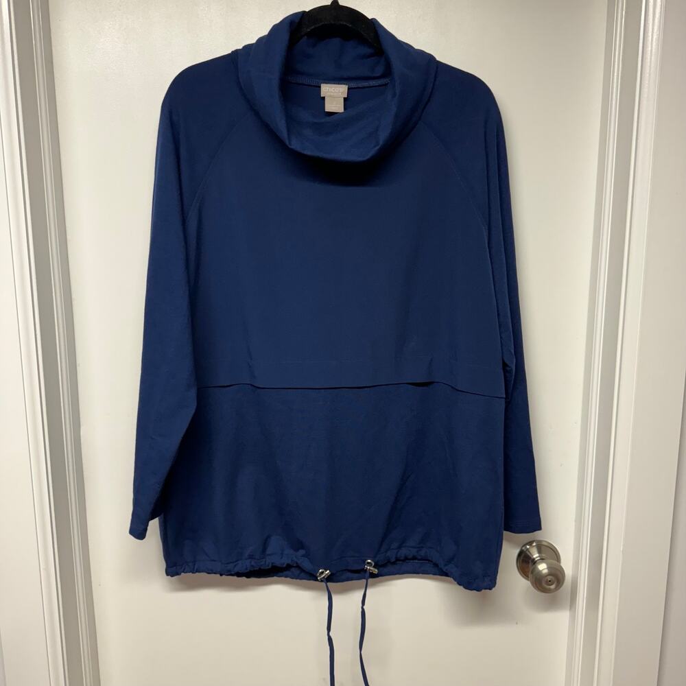 Chicos Womens Blue Cowl Neck Pullover Long Sleeve Navy Blue Top Size Size Large